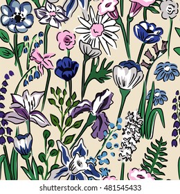 Spring sun illustration seamless vector floral pattern collection of wild meadow flowers and herbs hand drawn camomile, bellflower, poppy, cornflower, lupine