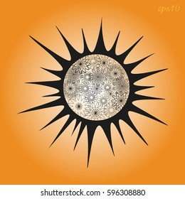 Spring Sun logo
Abstract design author bouquet of flowers rays black openwork handmade orange ornament big star stock vector illustration