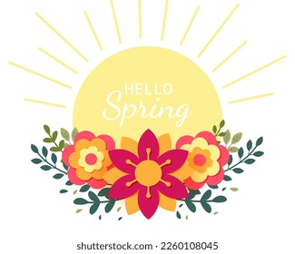 Spring. The sun on the background of spring flowers .Sun rays. Vector