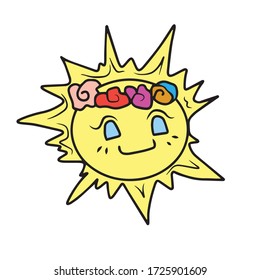 Sol primaveral con una corona de flores. Pegatina, diseño vectorial infantil para carteles, postales y redes sociales.