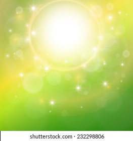 Spring sunny background, green with glaring sun, vector illustration.