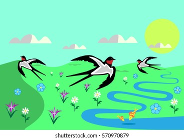 Spring sunny day with flowers and swallows
