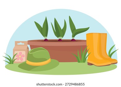 Frühling sonnige Gartenszene mit Gummistiefeln Hut Blumentopf Birne Samen und Hallo Frühling Elemente schaffen eine frische fröhliche Saisonstimmung