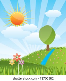 Spring sunny landscape with forest river - vector illustration