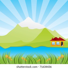 Spring sunny landscape with river - vector illustration
