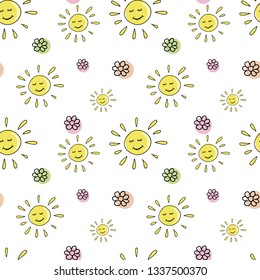 Spring sunny pattern, sun an flowers doodle background. Bright sunny doodle on a transparent background background. Seamless vector pattern without background.