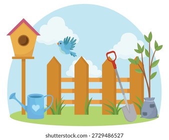 Spring sunny scene with gardening tools and cute bird house hello spring elements creating a fresh cheerful seasonal atmosphere