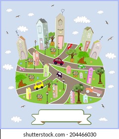 Spring sunny town. Vector illustration. art  cute