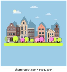 Spring sunny town.Urban landscape. Vector illustration.