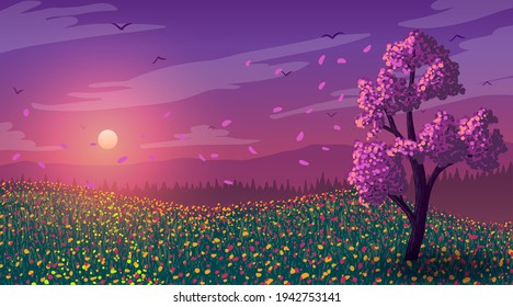 Puesta de sol de primavera. Árbol floreciente en la pradera con flores y pájaros volando en nubes.