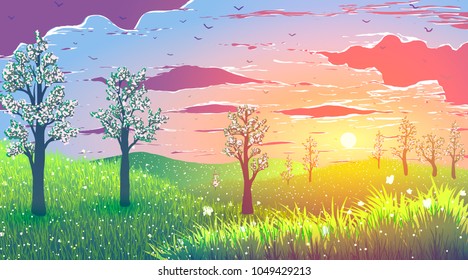 Spring sunset. Blooming trees on hills with flowers and butterflies. Birds flying in the clouds.