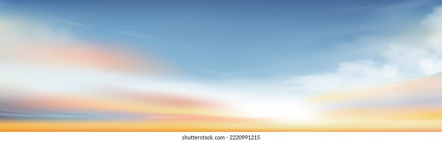 Paisaje del cielo de la primavera en color azul y amarillo,Vector del cielo de la mañana, cielo en el verano de los días soleados, horizonte Fondo de banner natural para el Día Mundial del Medio Ambiente, Save the Earth o el Día de la Tierra