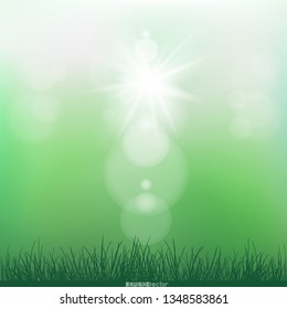 Spring sunshine lights and grass grows. Ground meadow silhouette landscape on green blurry sky background. Nature fresh floral backdrop