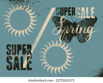 Spring Super Sale typographical vintage style grunge poster design. Retro vector illustration.