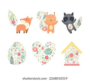Spring Symbol Decorated with Floral Pattern with Fox, Squirrel, Raccoon, Egg, Heart and Nesting Box Vector Set