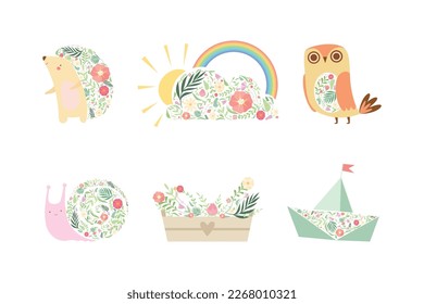 Símbolo de primavera decorado con patrón floral con conjunto de vectores de nubes, caracoles, búhos, barcas y tasas