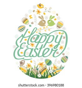 Spring symbol. Phrase Happy Easter. Painted eggs, grass, spring flowers and rabbits. Objects for your design, festive greeting cards,  announcements, posters.