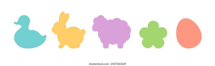 Spring symbols Easter icons vector set. Cute Easter bunny sign, Easter egg, chubby sheep, duck. Spring shapes card, logo, die-cutting, ads design element, cookie cutter, label, decal silhouette.