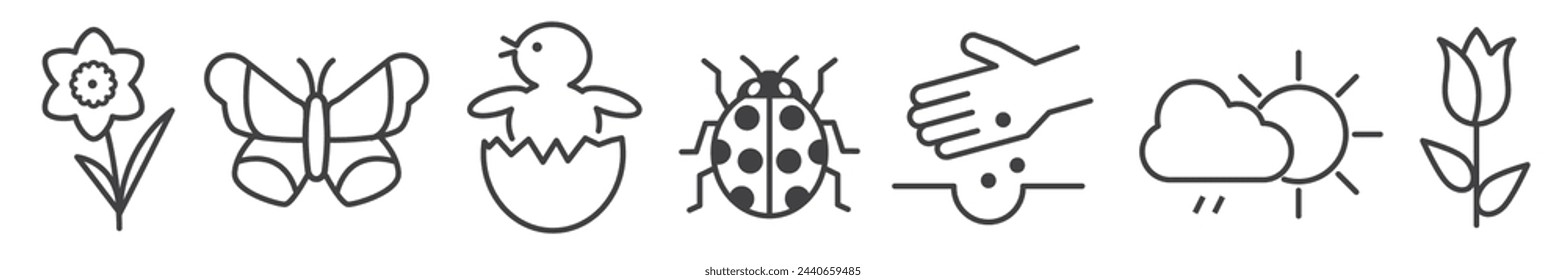 Spring symbols icons set - Flowers, Ladybird, butterfly and more - Vector Illustration - Editable Thin Line Icons Collection on white Background for Web and Print
