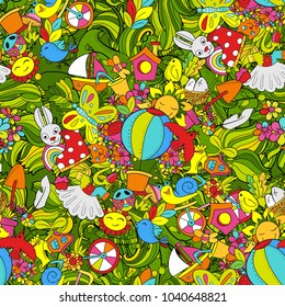 Spring symbols and objects on colorful seamless pattern. Hand drawn doodles balloon, bird, boots, umbrella, watering can, leaves, branches, shoes, dress and elements