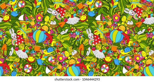 Spring symbols and objects on colorful seamless pattern. Hand drawn doodles balloon, bird, boots, umbrella, watering can, leaves, branches, shoes, dress and elements