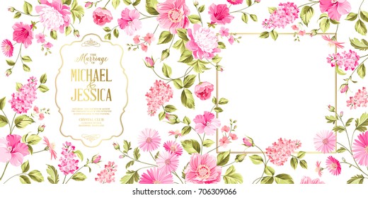 Spring syringa flowers background for the marriage card design. Blossom flower pattern for invitation card. Vector illustration.