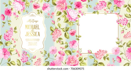 Spring syringa flowers background for the marriage card design. Blossom flower pattern for invitation card. Vector illustration.