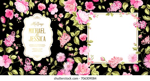 Spring syringa flowers background for the marriage card design. Blossom flower pattern for invitation card. Vector illustration.