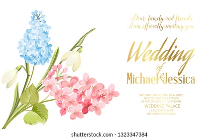 Spring syringa flowers background for the wedding card design. Blooming flower for invitation card. Vector illustration.