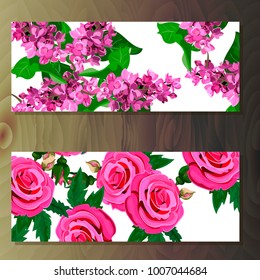 Spring syringa or lilac blooming flowers, lilac petals and branches vector set. syringa and rose banners on wooden background