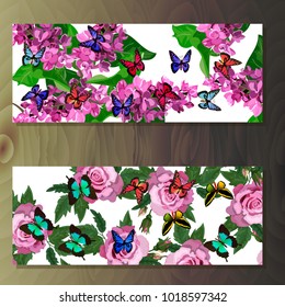 Spring syringa or lilac blooming flowers, lilac petals and branches vector set. syringa and rose banners on wooden background