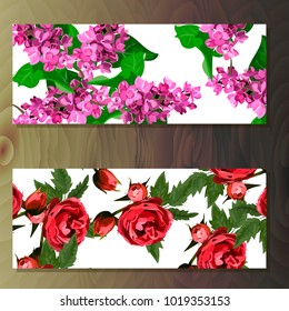 Spring syringa or lilac blooming flowers, lilac petals and branches vector set. syringa and rose banners on wooden background