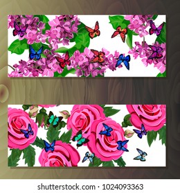 Spring syringa or lilac blooming flowers, lilac petals and branches vector set. syringa and rose banners on wooden background
