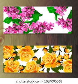 Spring syringa or lilac blooming flowers, lilac petals and branches vector set. syringa and rose banners on wooden background