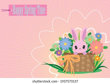 Etiqueta de etiqueta "Happy Spring Time" y conejito lindo en la base de flores