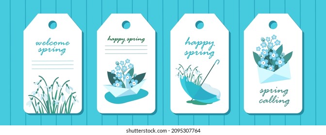Spring tags set with snowdrops. A paper boat with violets. An envelope with flowers. Vector clipart.