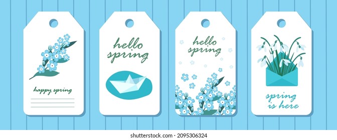 Etiquetas de primavera con gotas de nieve y violetas. Un barco de papel. Un sobre con gotas de nieve. Vector clipart.