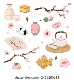 Spring Tea Party and Cherry Blossom Viewing Illustration Set. Isolated on white background. Seasonal festive graphics