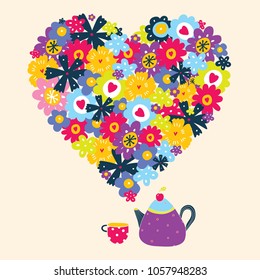 
Spring tea party.Cute illustration with floral heart.