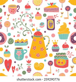 Spring tea. Vector seamless pattern.