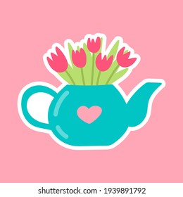 Spring teapot with flowers on white background