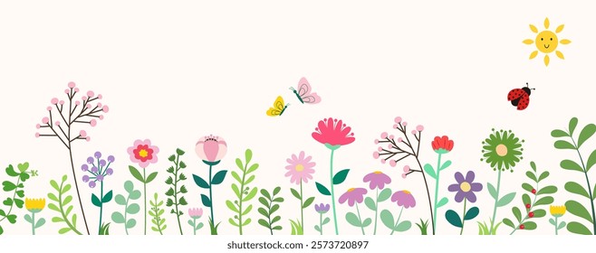 Spring template with beautiful flowers. All layered and grouped. Vector.