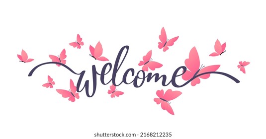 Spring template design with butterfly and word welcome for web, site, banner, poster, print, greeting card. Vector illustration of beautiful small butterfly on white color background