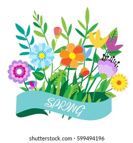 Spring template. Spring elements - flower, leaf. Spring background. 