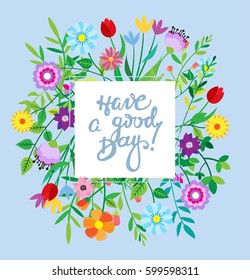 Spring template. Spring elements - flower, leaf. Spring background.  Hello spring - vector card. Have a good day!