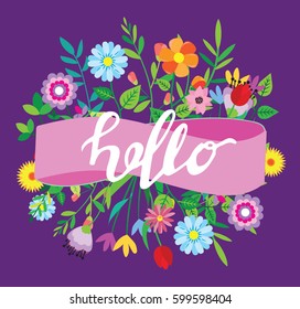 Spring template. Spring elements - flower, leaf. Spring background.  Hello spring - vector card. Hello poster.