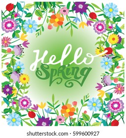 Spring template - flower, leaf.   Hello spring - vector card. 