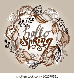 Spring template - flower, leaf.   Hello spring - vector card. 