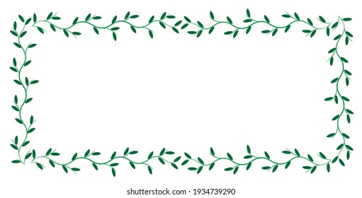 Spring template. Rectangular vintage frame from green branch isolated on white background. Beauty in nature. Summer banner. Natural template. Copy space. Ad backdrop. Greeting card. Invitation. Leaf.
