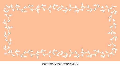 Spring template. Rectangular vintage frame from white branch on Peach Fuzz color background. Summer banner. Lush Foliage. Copy space. Ad backdrop. Greeting card. Invitation. Border from leaves.